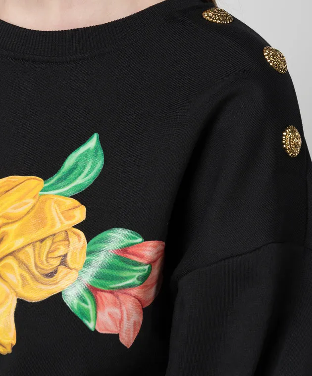 Balmain Felpa nera con stampa Rose CF0JO070GD50
