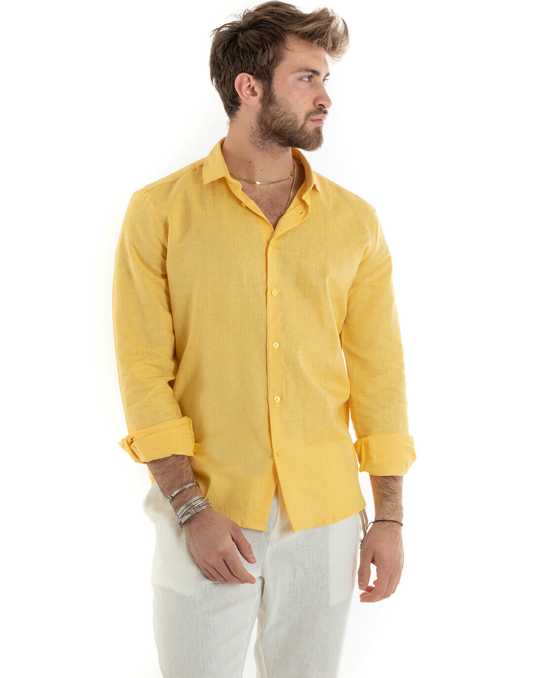 Camicia Uomo Con Colletto Tinta Unita Giallo Lino Manica Lunga Casual Sartoriale GIOSAL-C2723A