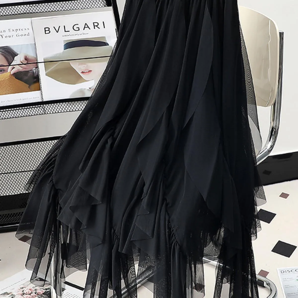 Elegante gonna a rete dal design irregolare Gonna lunga elastica a vita alta da principessa Prom per le donne Primavera 2023 K24
