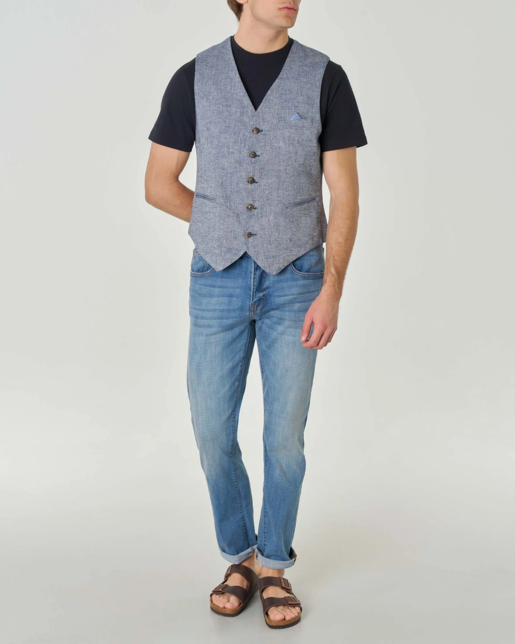 Gilet blu in misto lino e cotone chevron