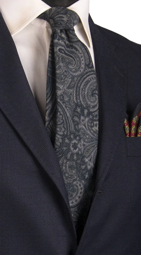 Man Blue Wool Tie Grey Paisley L1001