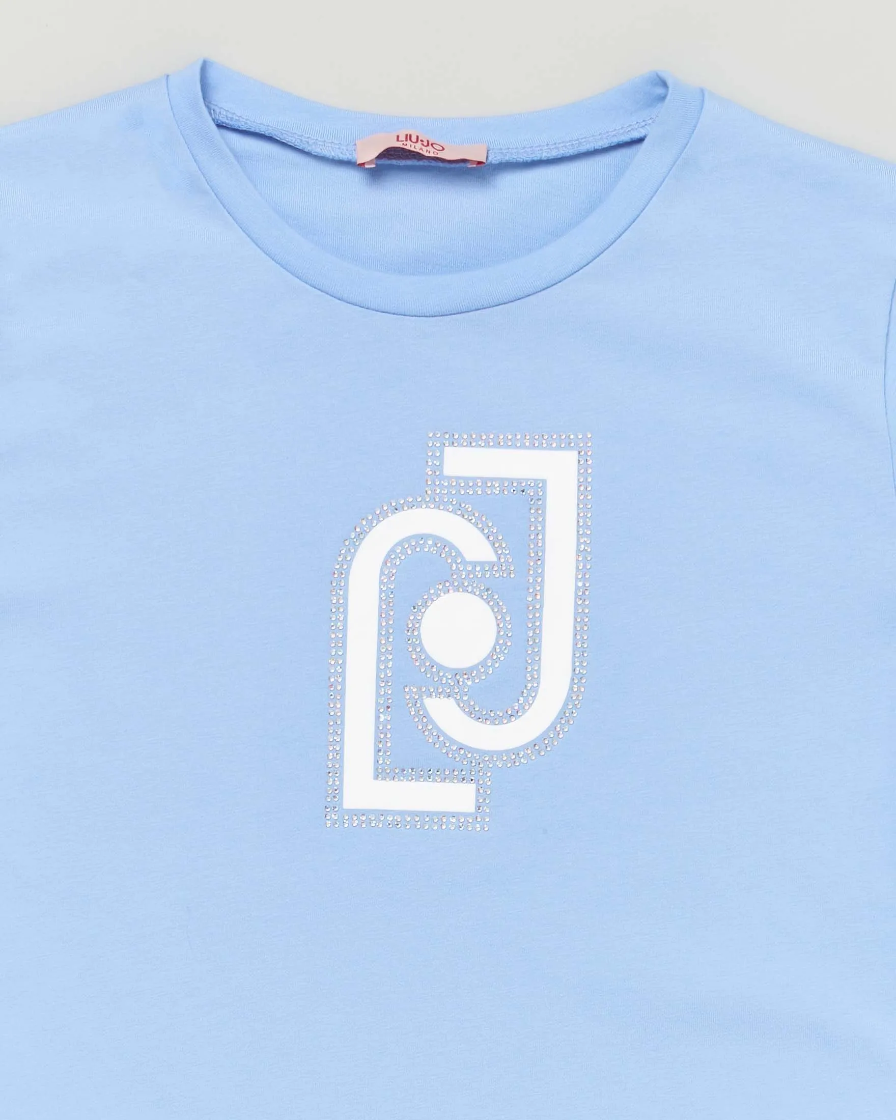 T-shirt pervinca in cotone mezza manica con logo bianco con strass 10-16 anni