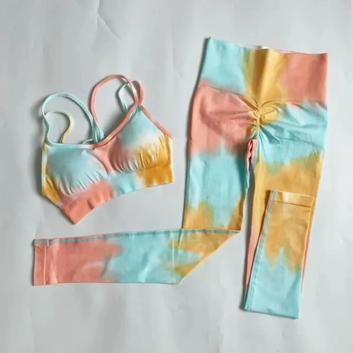 Tuta da fitness senza cuciture Set da fitness femminile Set sportivo Tie Dye Pantaloni per il sollevamento dell'anca Set da yoga
